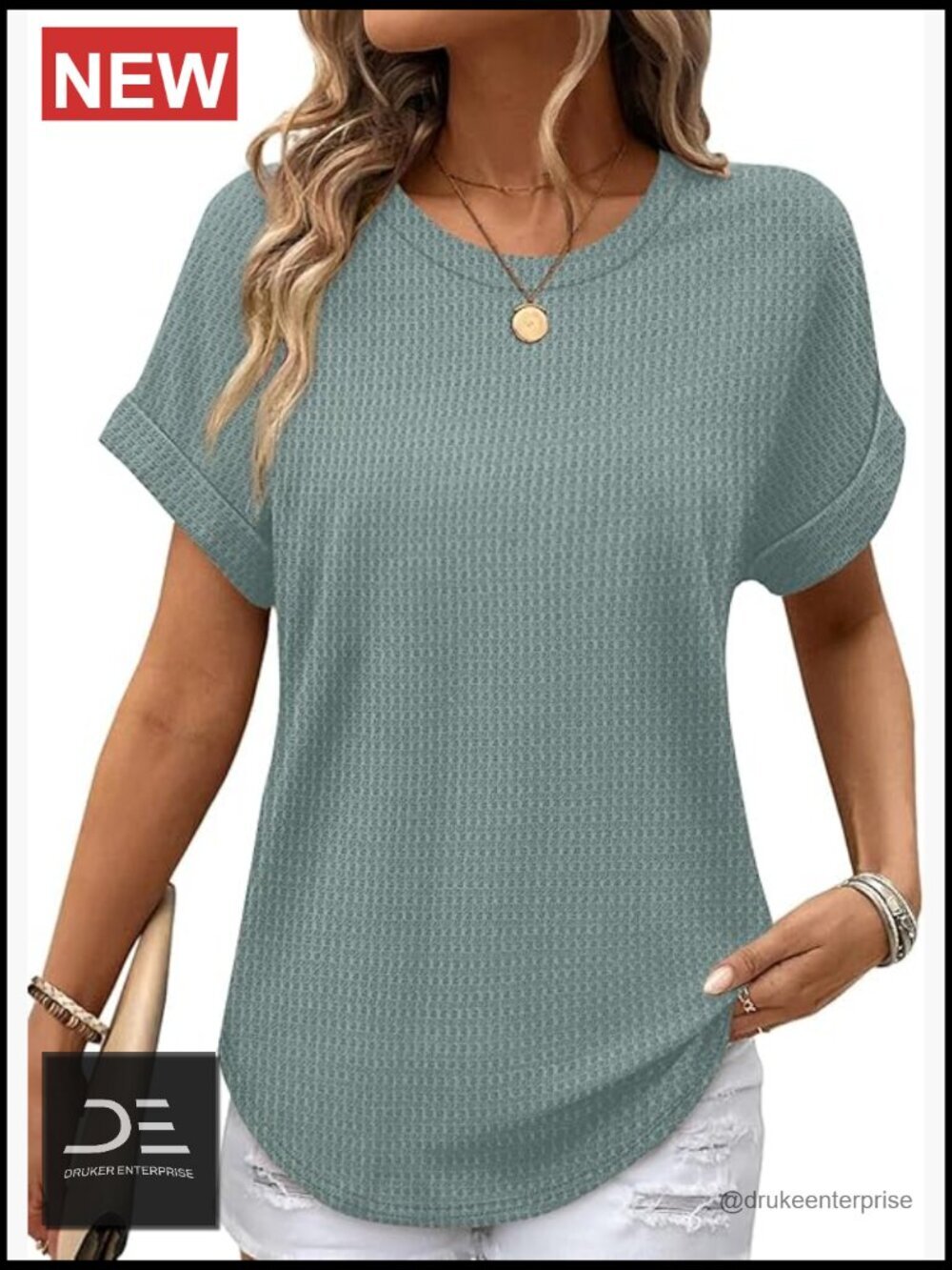 Waffle Knit Rolled Short Sleeve Crew Neck Tunic Tee Blouse Curved Hem Loose Fit